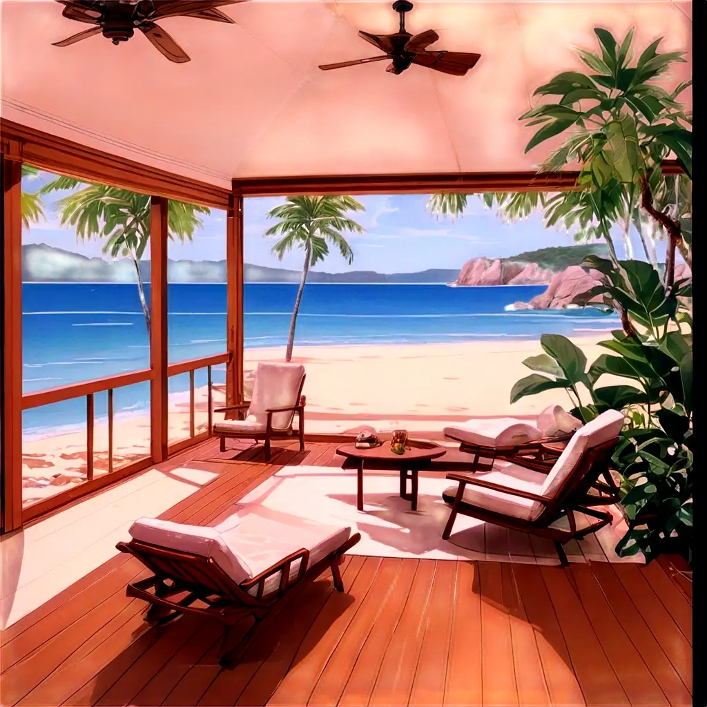 A 1980s retro anime style interior perspective view of a private beach villa.