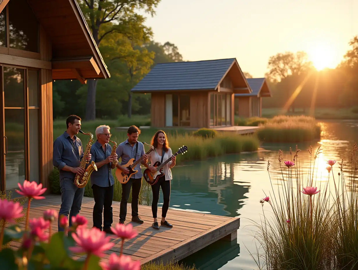 in the frame, a little remotely, but in the foreground, a jazz group of several musicians, men and girls, cheerfully and energetically play jazz on various jazz instruments, this jazz orchestra is located on a wooden terrace, which is essentially an independent pier separate from the houses on the shore of a huge eco-pond with crystal clear water and large pink water lilies and natural gently sloping grassy shores with a bioplat of higher lake plants, similar to wild ponds,  and on the other side there are only 3 small one-storey houses located at some distance from each other and at a distance from the shore of the pond, these houses have the appearance of a one-storey chalet with a gable roof, built of a wooden beam system consisting only of vertical wooden beams and only in the half-timbered style between glass beams - only with glass walls - with panoramic windows in all walls from the floor to the roof, that is, each wall is a panoramic window, at sunset and the glare of sunset light, the foreground is in focus, and the background is blurred, realistic