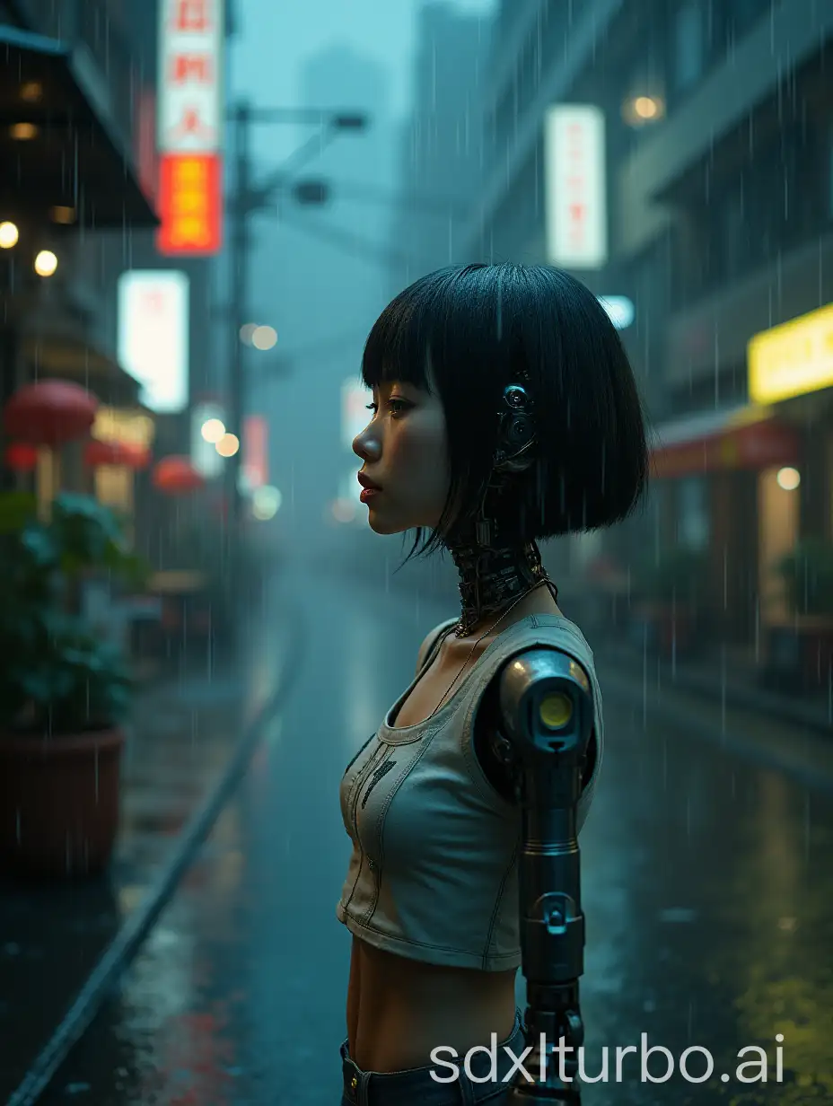 A melancholic, obsolete Japanese cyborg girl stands alone in a desolate, rain-soaked alleyway of a futuristic Tokyo. Her lightly worn features hint at a once vibrant existence, now overshadowed by the neon glow of towering skyscrapers. Her bangs, slightly disheveled, frame her delicate face, adding a touch of humanity to her otherwise mannequin-like body. Despite her outdated design, there’s a haunting beauty in her forlorn expression, a silent testament to the passage of time and the relentless march of technology. She raises a trembling hand to touch the rain, feeling the cold droplets slide through her synthetic fingers, a fleeting connection to the world she no longer belongs to.