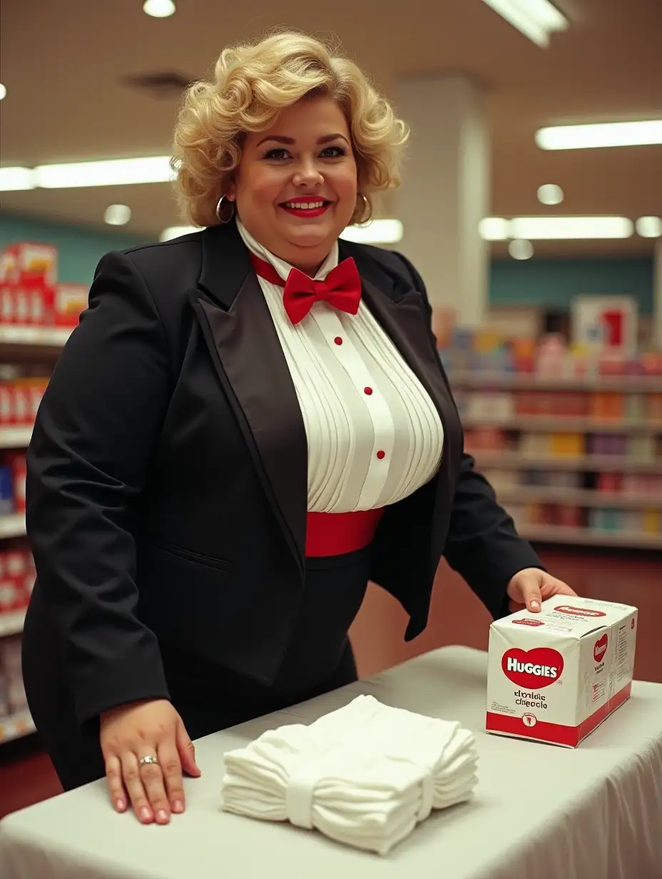 Young-Woman-in-Formal-Tuxedo-Holding-Diapers-in-Supermarket-Product-Demonstration