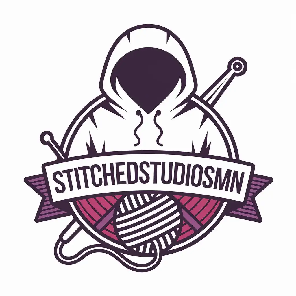 LOGO Design for StitchedStudiosMN Hoodie Yarn Ball Crochet Hook with Purple and Pink Color Palette