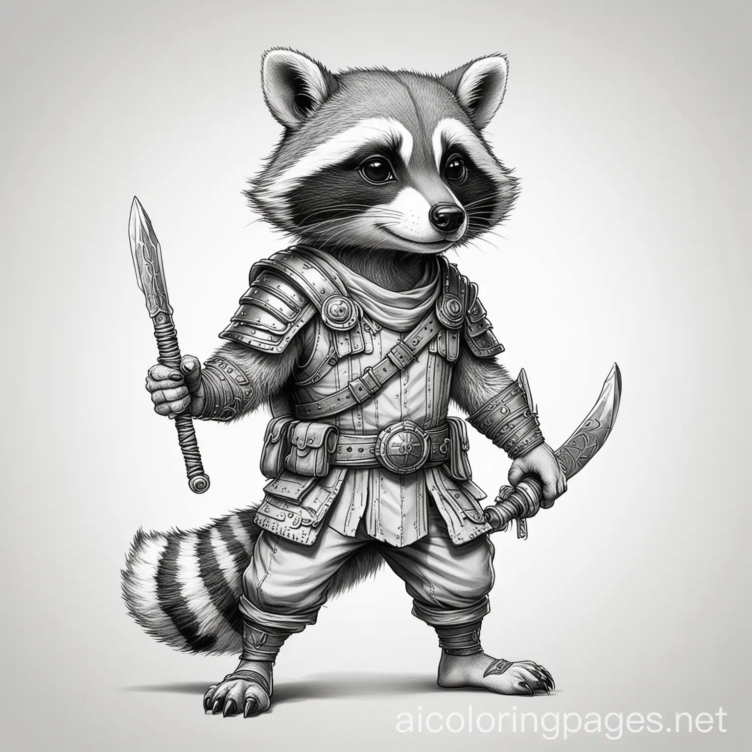 raccoon warrior, Coloring Page, black and white, line art, white background, Simplicity, Ample White Space. The background of the coloring page is plain white to make it easy for young children to color within the lines. The outlines of all the subjects are easy to distinguish, making it simple for kids to color without too much difficulty