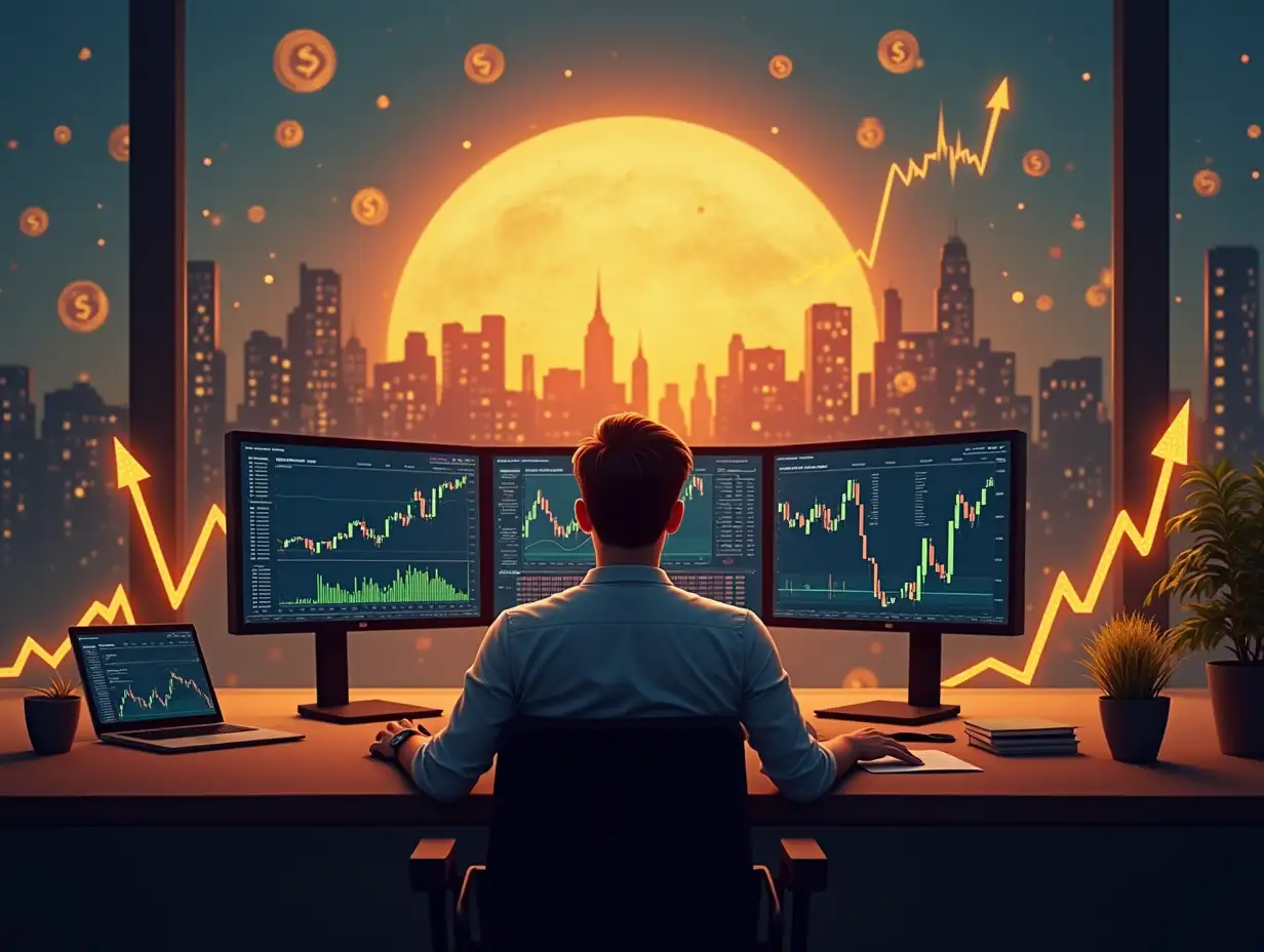 A confident young trader sitting in front of multiple monitors with stock charts and crypto graphs, golden dollar signs floating around, glowing upward arrows, and bold text that says ‘Wealth Creation Through Trading’. Background showing a modern financial city skyline at sunrise, symbolizing opportunity. Use a rich color palette with gold, blue, and black tones. Style: sharp, high-contrast, professional, YouTube-style thumbnail with eye-catching lighting and depth. Add a glowing wealth effect behind the trader.