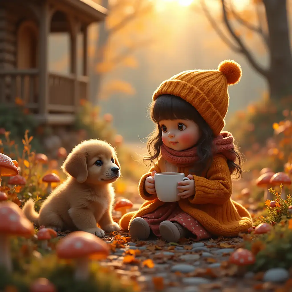 Beautiful little cottage style atmosphere with mushrooms and foliage, a little girl warmly dressed for autumn is holding a little girl mug with tea inside, dog sitting next to her. Warm sunlight. Beautiful. 16k uhd. Depth.