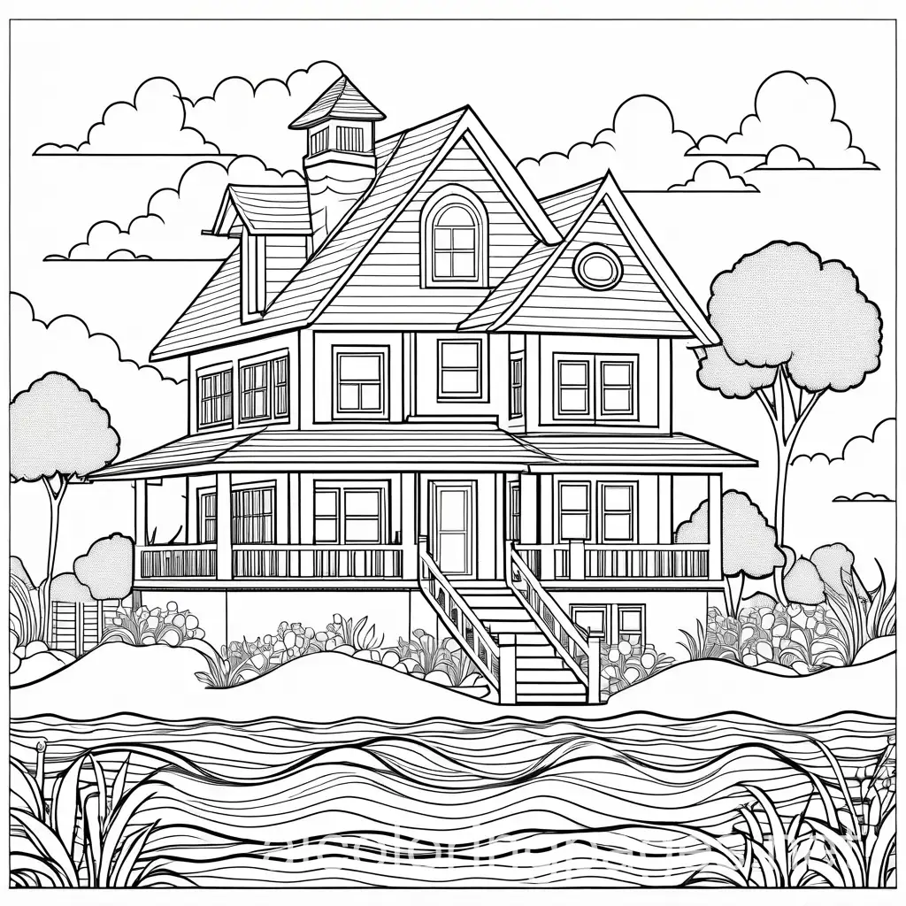 House-Surrounded-by-Trees-and-Flowers-by-the-Sea-Coloring-Page