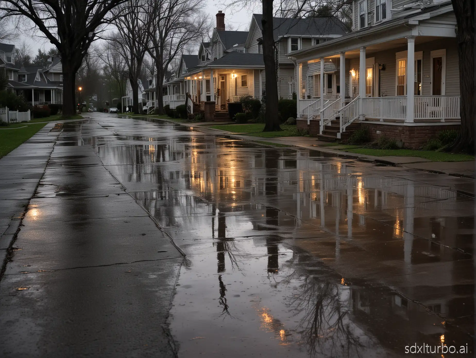 A quiet suburban street just after rain, reflections shimmering on the pavement and vacant porches, liminal, dusk