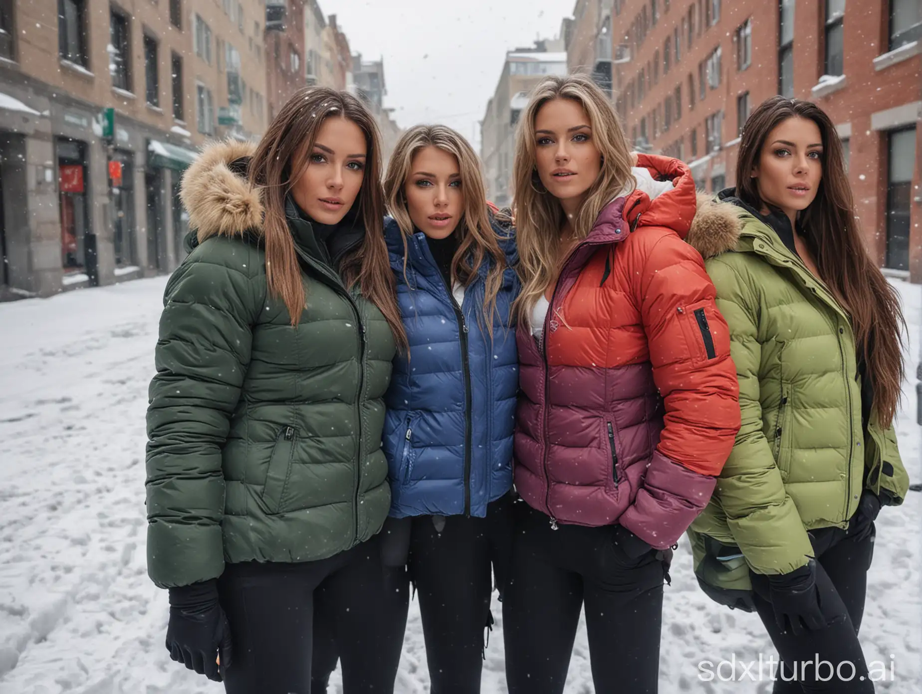 3 sexy muscular women in various colored thick down jackets in snow in a city