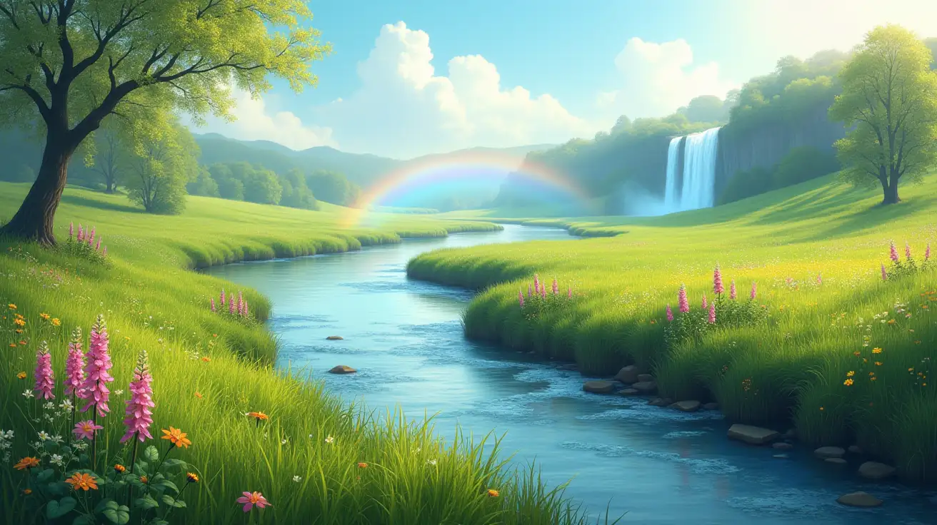 late-spring green-meadow fresh-flowers river with small islands background a waterfall with rainbow in its path