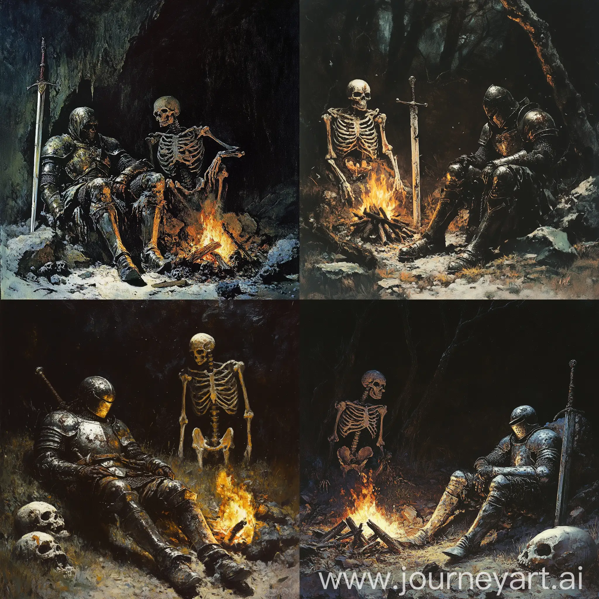 Knight-at-Rest-by-a-Campfire-with-a-Decaying-Skeleton-Dark-Fantasy-Art