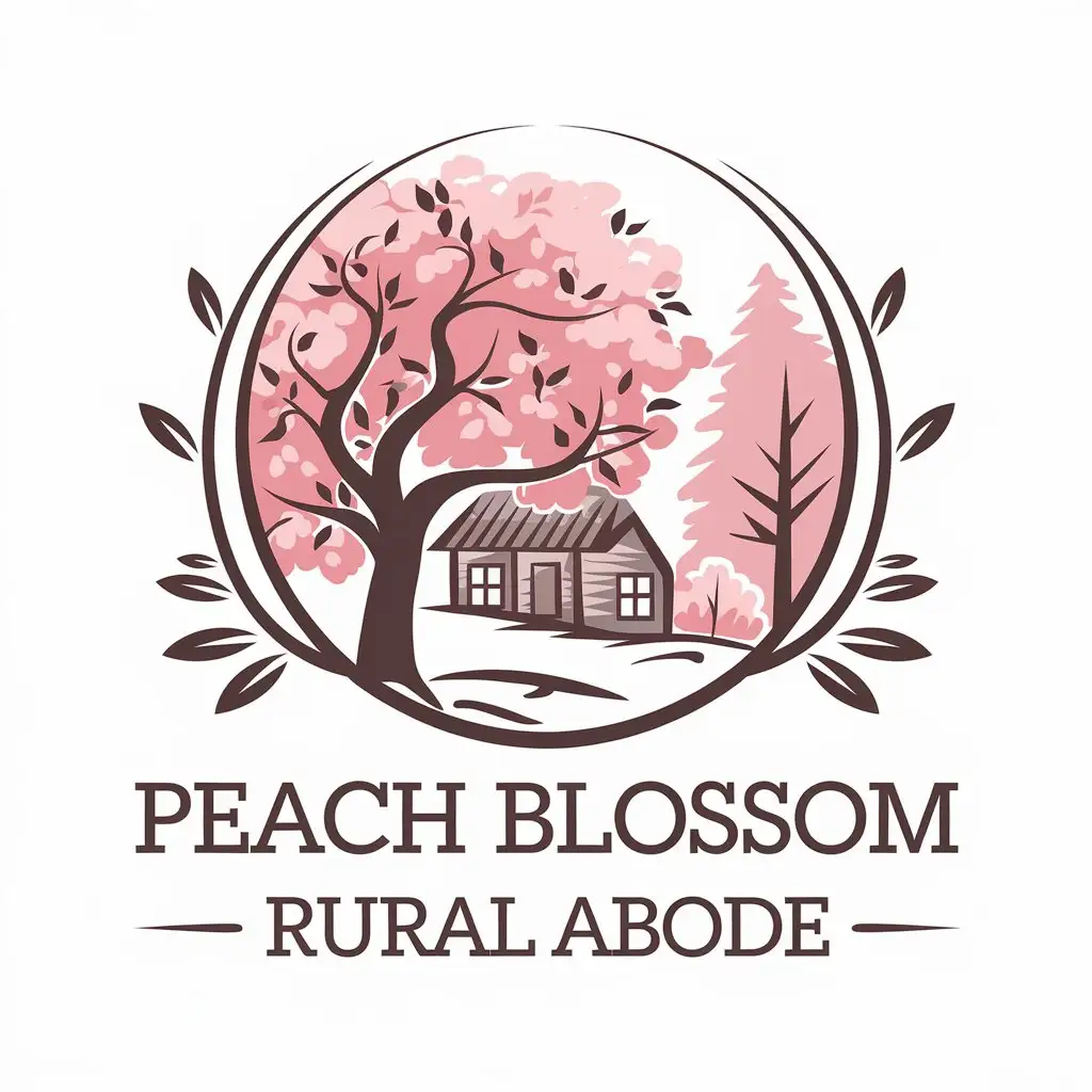 LOGO-Design-for-Peach-Blossom-Rural-Abode-Serene-Peach-Tree-Forest-House-Emblem