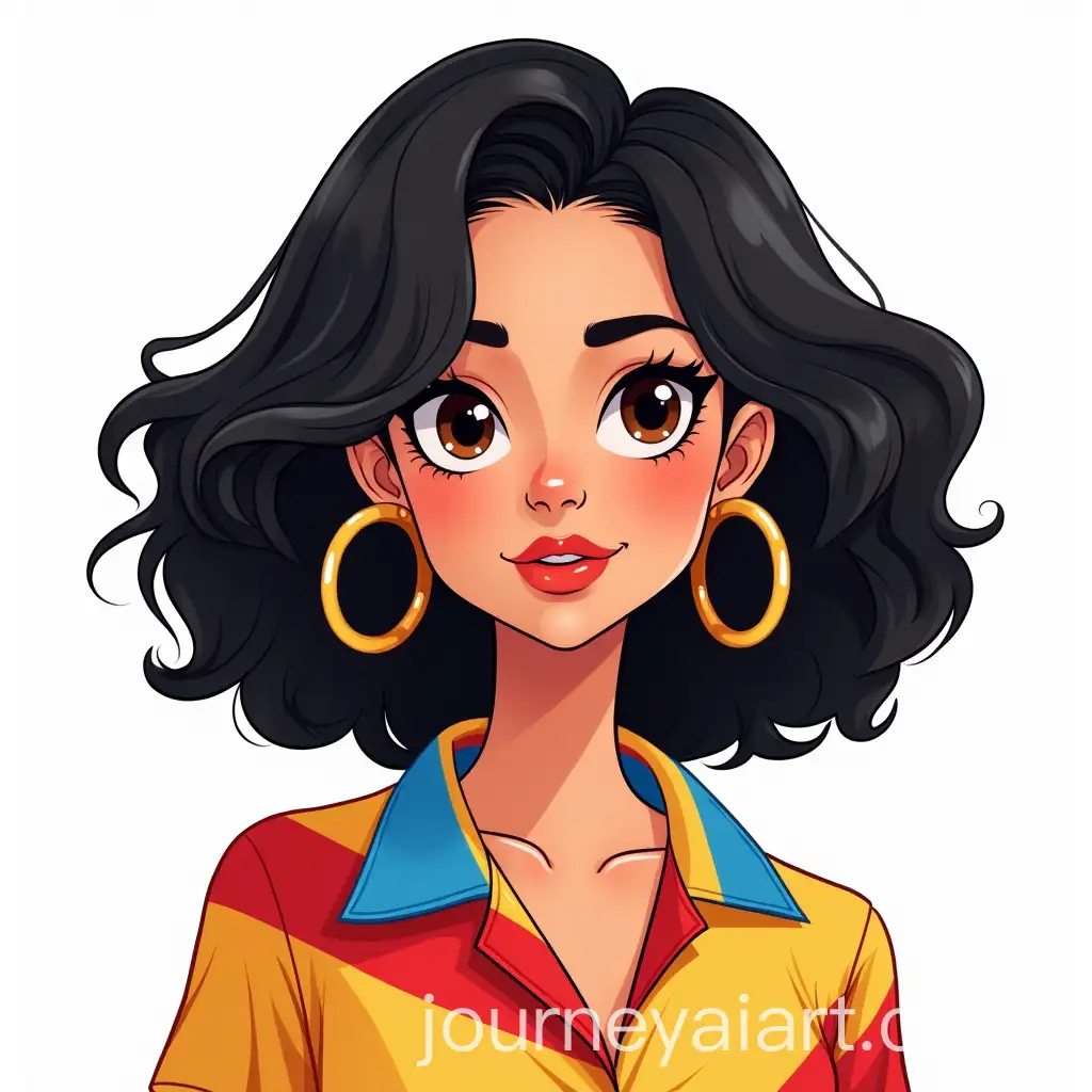Stylized-Portrait-of-Young-Woman-with-Voluminous-Hair-and-Bold-Patterned-Shirt