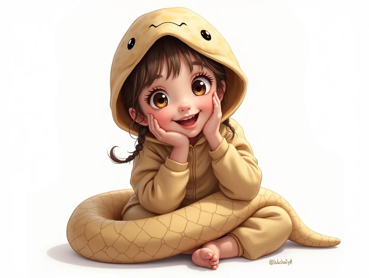 a pretty girl in a snake costume, happy, smiling, realistic art, on a white background