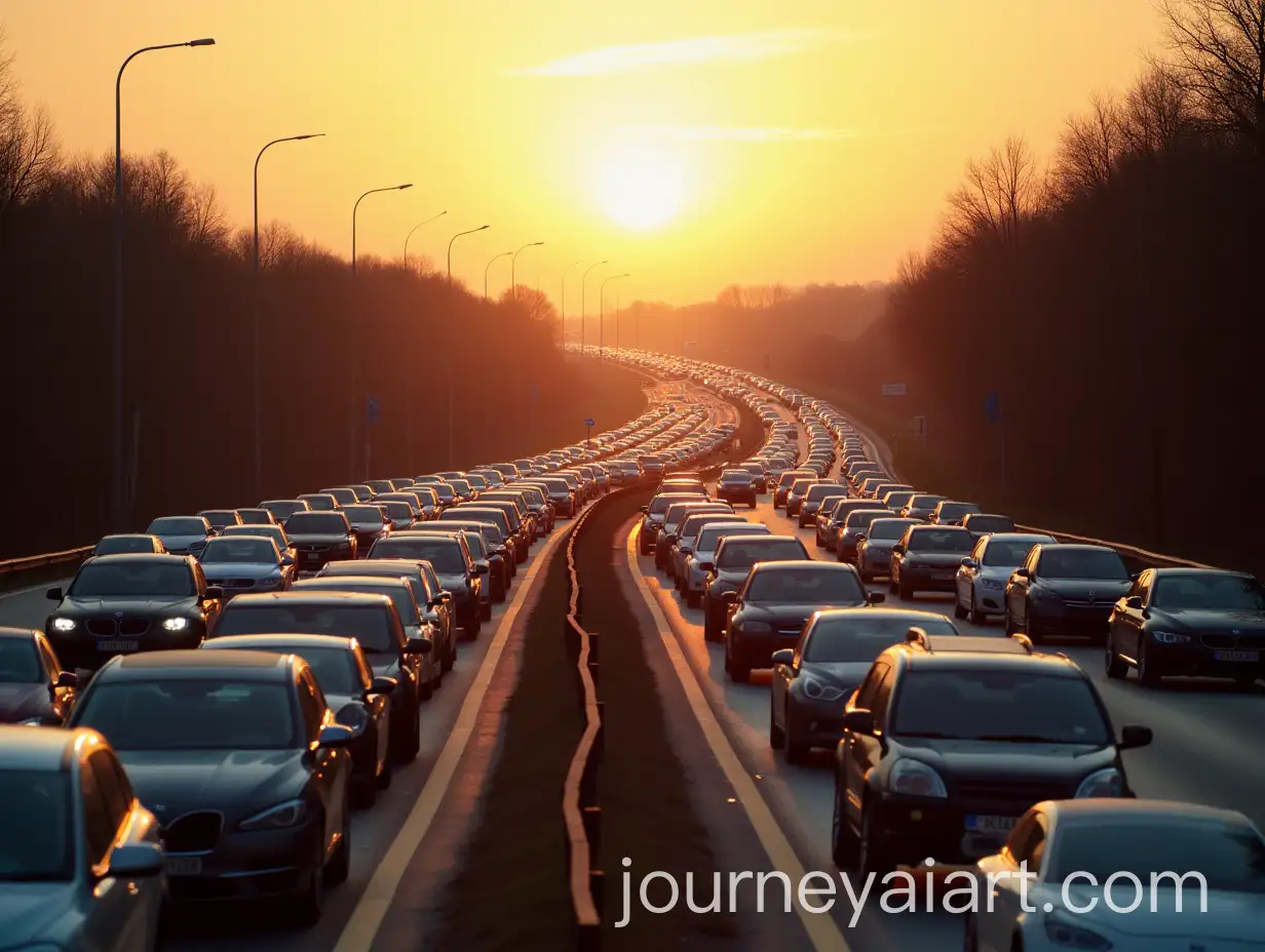 Busy-Sunset-Traffic-Jam-on-Wide-Autobahn