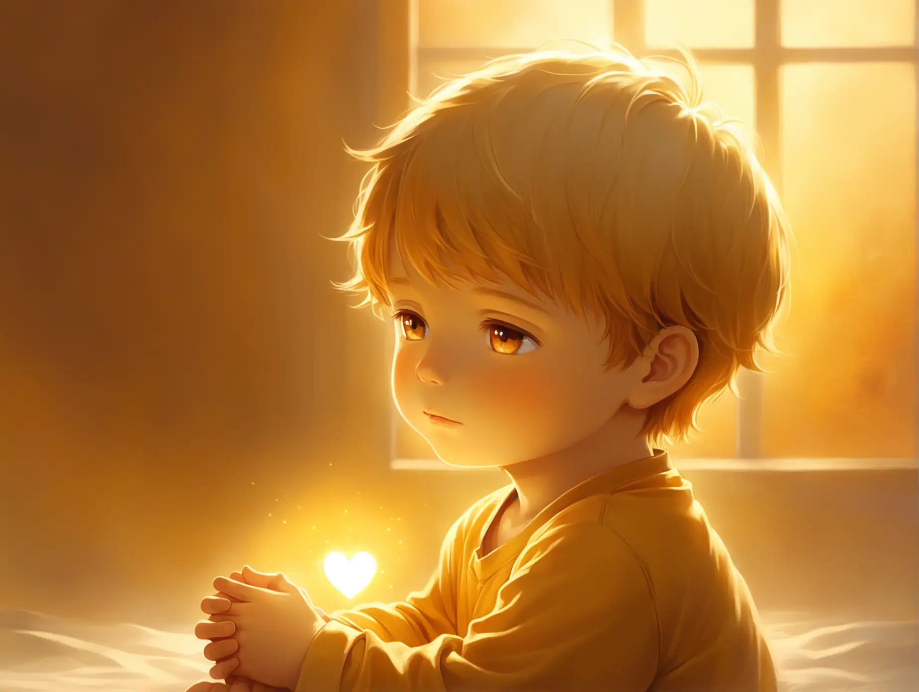 A young boy around 3 years old sits quietly with a peaceful, content expression, one hand resting gently over his heart. A soft, warm golden glow emanates from his chest, symbolizing a warmth born within his soul. The light spreads outward, casting a gentle glow around him, creating a feeling of inner peace and love. The background is soft and blurred with warm hues of amber and gold, enhancing the sense of warmth, innocence, and comfort.