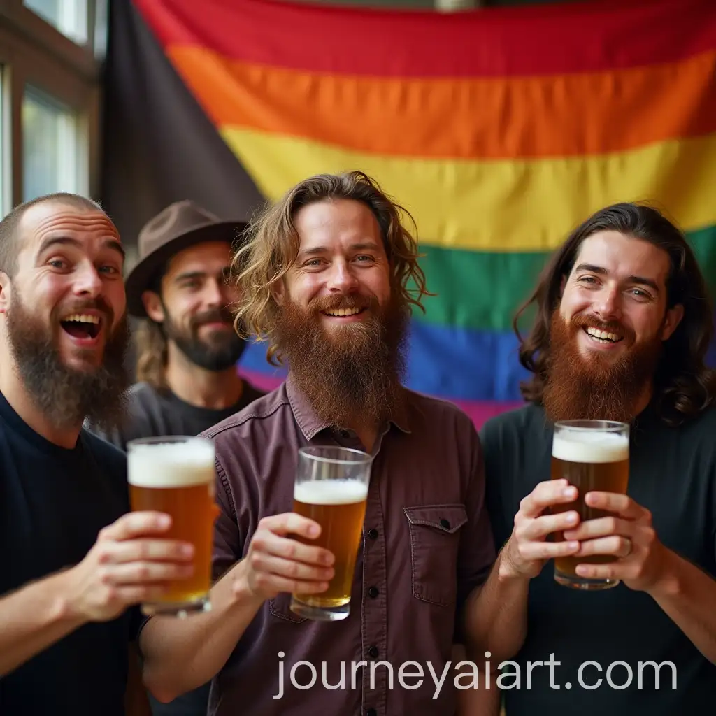 Queer-Comedians-with-Beards-and-Beer-with-Progressive-Flag-in-Background