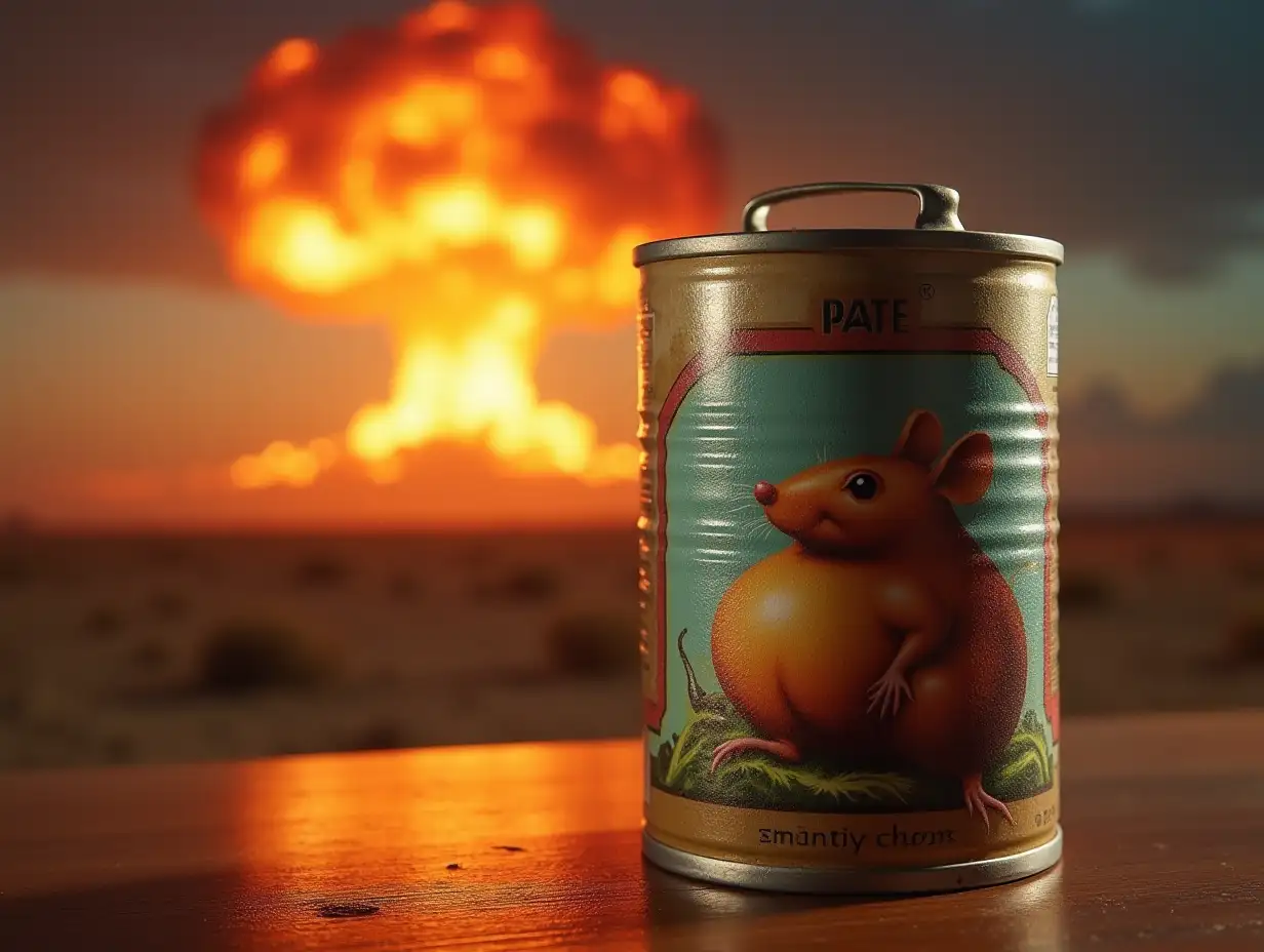 Background - distant nuclear explosion. In the foreground, a sealed metal can of pate. On the side of the can you can see an image of an appetizing chubby mouse. Photorealism.