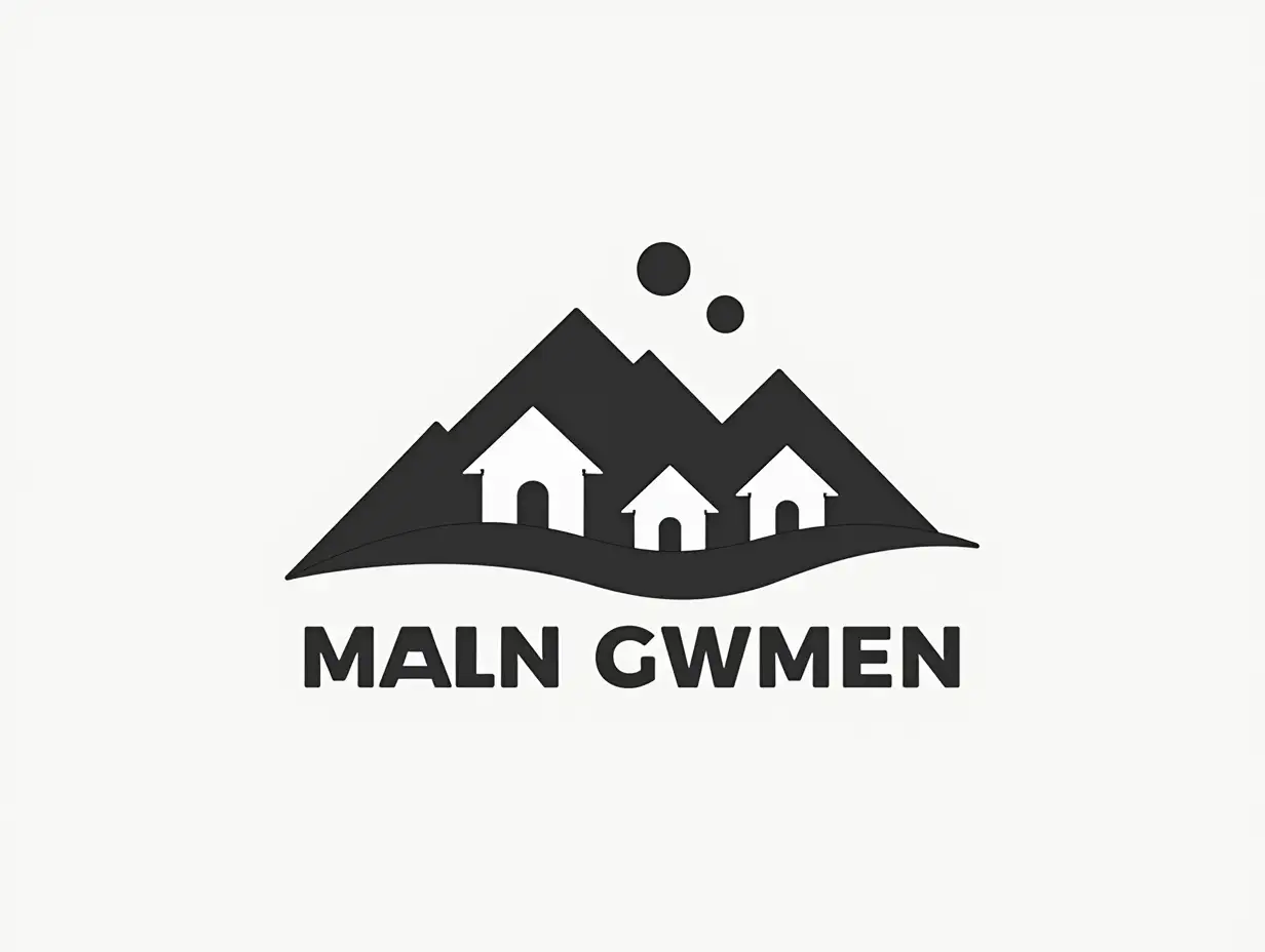 The design of a professional logo depicting three houses in the mountains in black on a white background. Include geometric shapes as an additional design element.