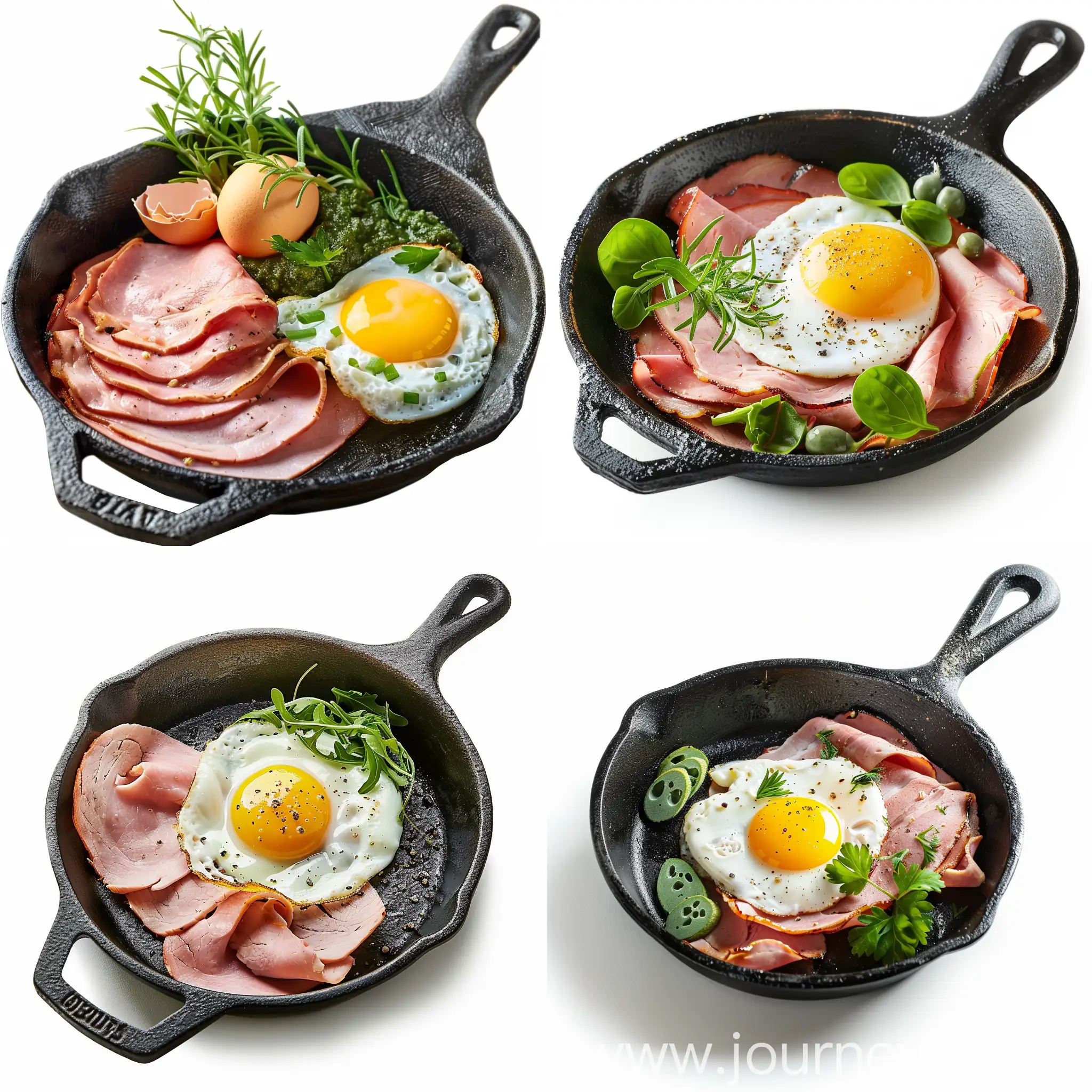 Studio-Shot-of-Sliced-Ham-and-Egg-on-Cast-Iron-Skillet-Natural-Lighting