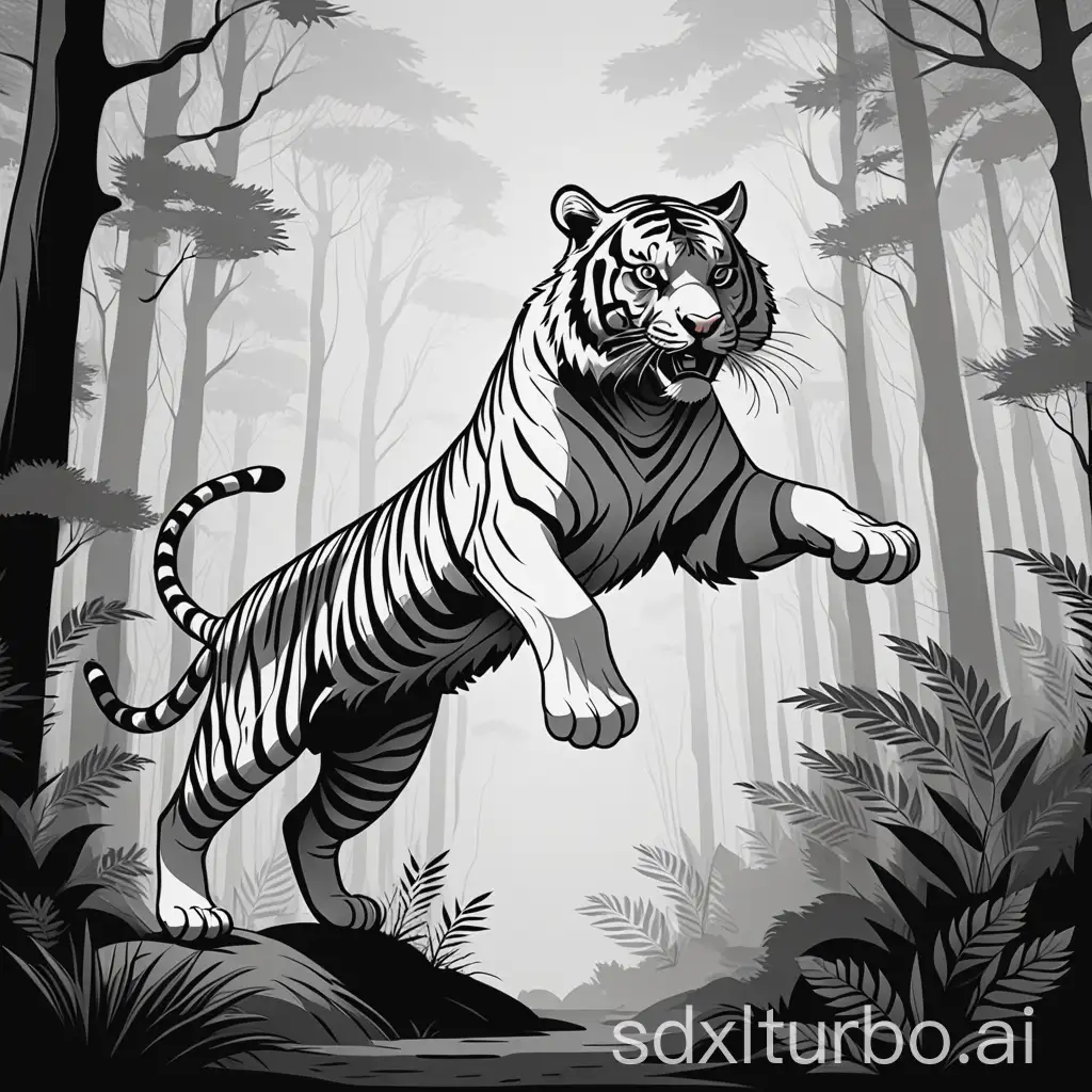 Line Art A tiger jumps in the forest. Thin lines, in gradations of gray