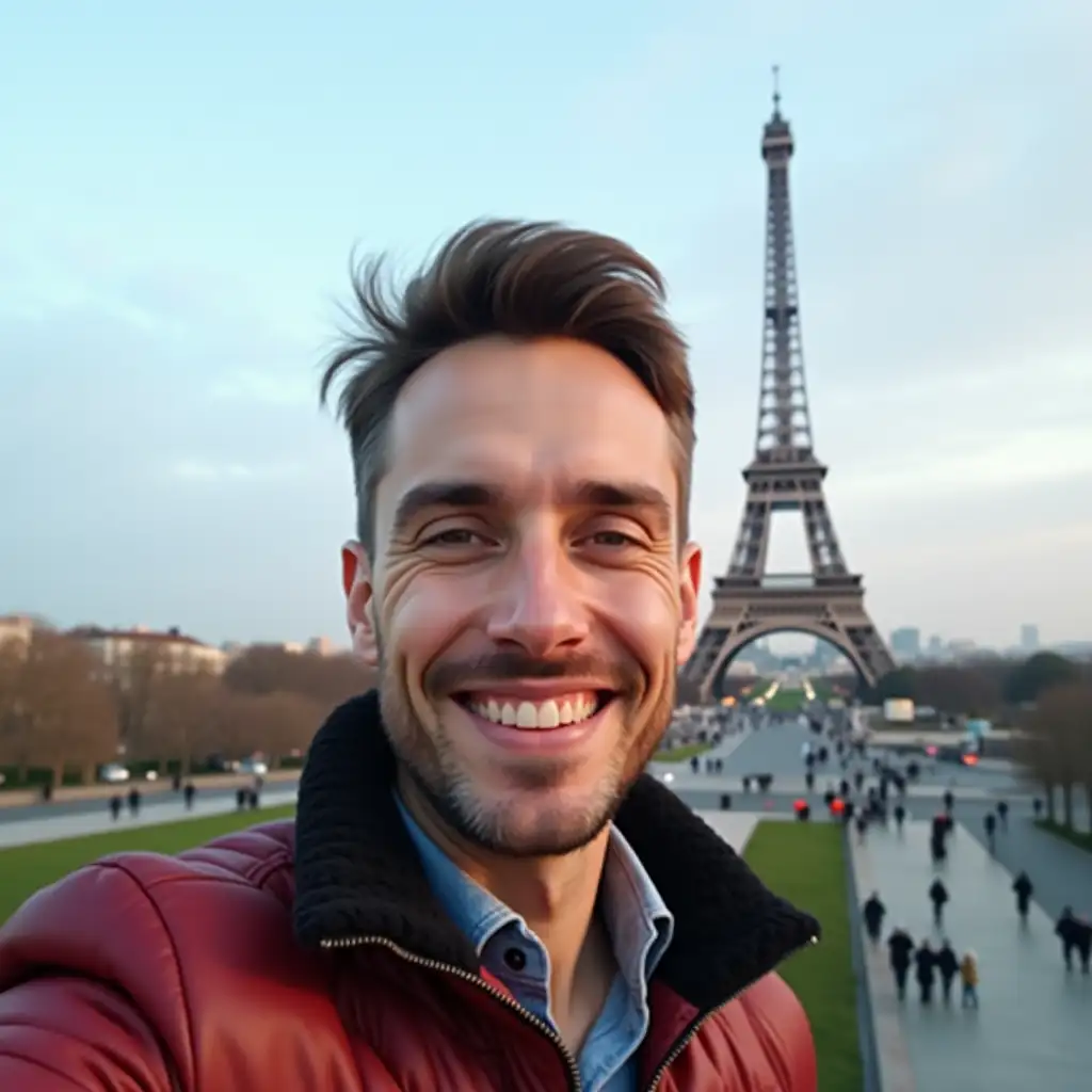 man do selfy on background eiffel towers