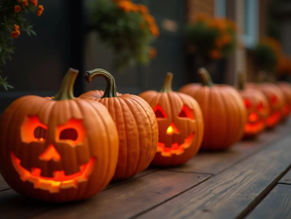 Halloween pumpkins row on the wooden floor. Jack O Lantern parade for Halloween holidays.