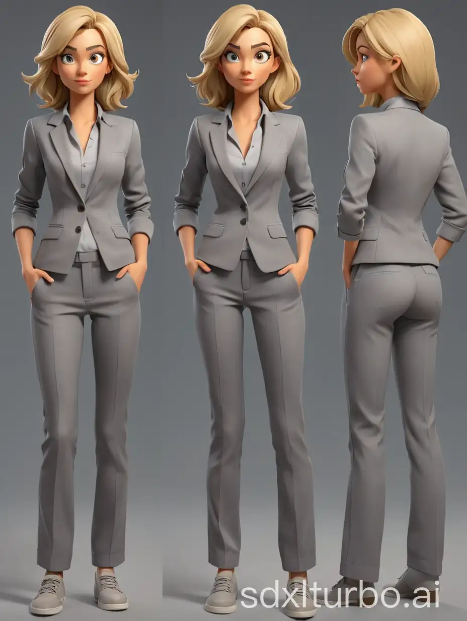 woman in 3D modern cartoon style, game character sheet reference, blond straight hair, different poses set, grey pantsuit, shoes, Hand in the pockets of his trousers, Hand at the chin, full-body shot, two different poses, full body, 2 poses, maximum detail, best quality, HD, gorgeous light and shadow, detailed design, 3D quality