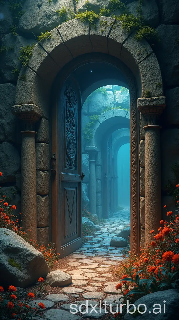 An ancient carved stone door surrounded by hawthorns opening to a hall with computers, eerie bright atmosphere, sparkles and shining stars, flowers and runic stones, high precision