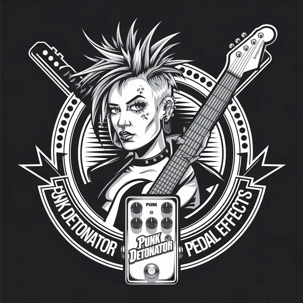 LOGO Design for Punk Detonator Guitar Pedal Effects Punk Girl on Black Background