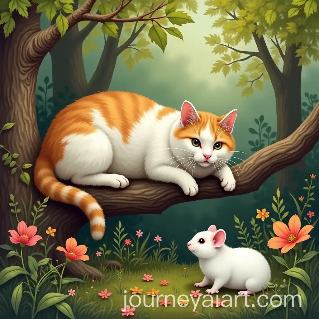 White-and-Yellow-Cat-Talking-to-Guinea-Pig-on-a-Tree-Branch-in-Spring-Forest