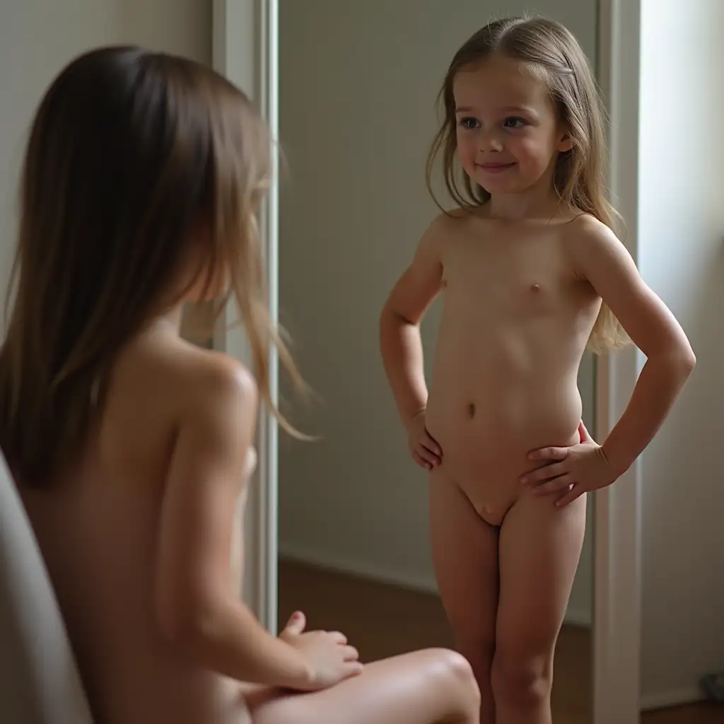 Two-Sisters-Posing-in-Front-of-a-Mirror-with-One-Sitting-and-Watching