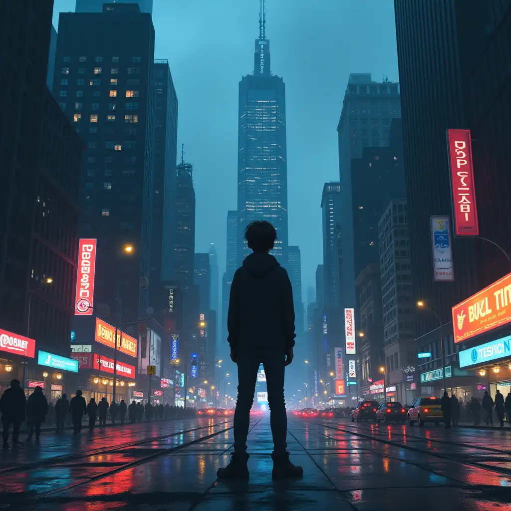 A cityscape at dusk or dawn, with towering skyscrapers and bustling streets. With a lone figure, possibly a young adult, standing at the edge of the city, looking out at the concrete jungle. The figure should be surrounded by city lights, with neon signs and billboards reflecting off wet pavement. The atmosphere should convey a sense of grittiness, desperation, and resilience.