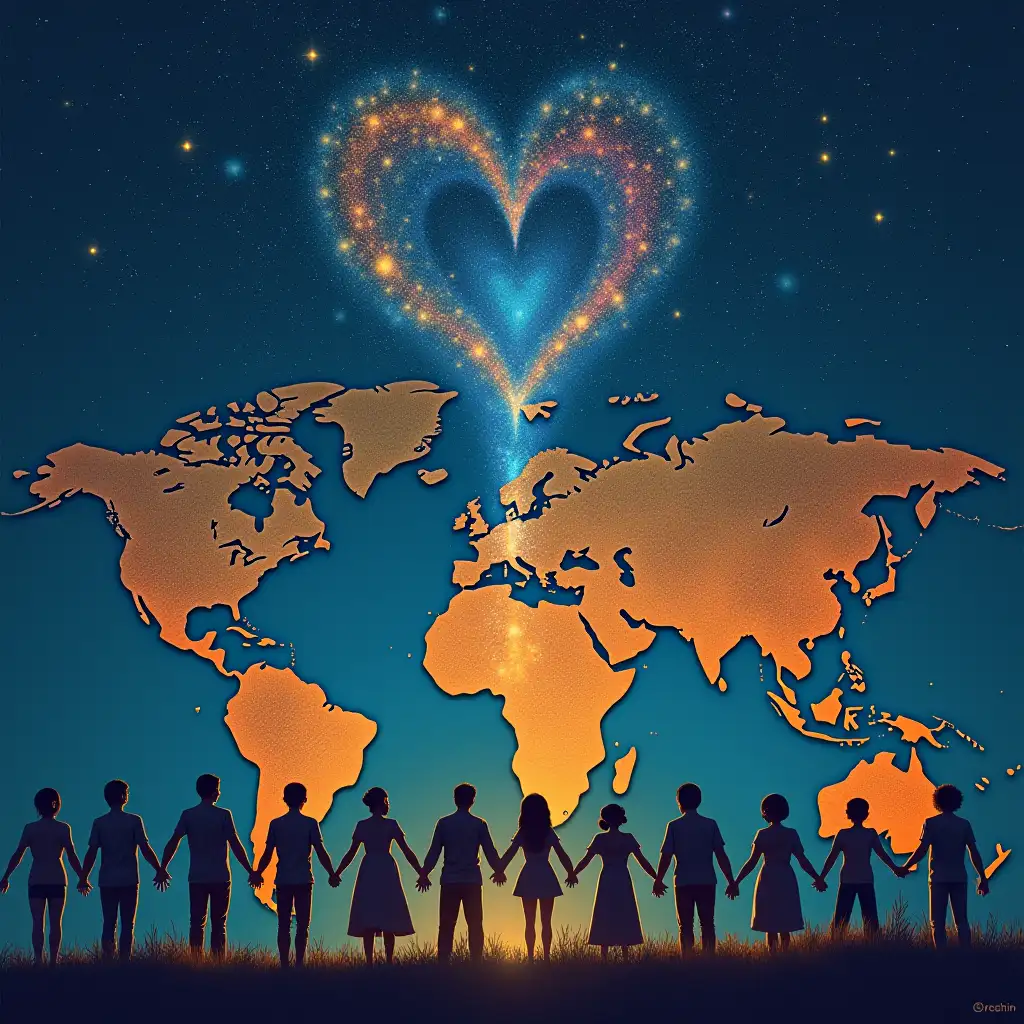 People of all different races, colors, and sexes standing hand on hand across a world map with the stars in the sky shaped into a heart, and another set of stars shaped into the astrological sign of Aquarius