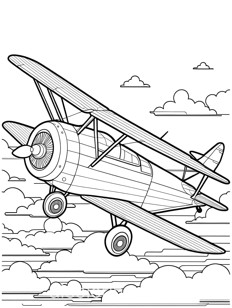 An airplane flying in the sky., Coloring Page, black and white, line art, white background, Simplicity, Ample White Space. The background of the coloring page is plain white to make it easy for young children to color within the lines. The outlines of all the subjects are easy to distinguish, making it simple for kids to color without too much difficulty