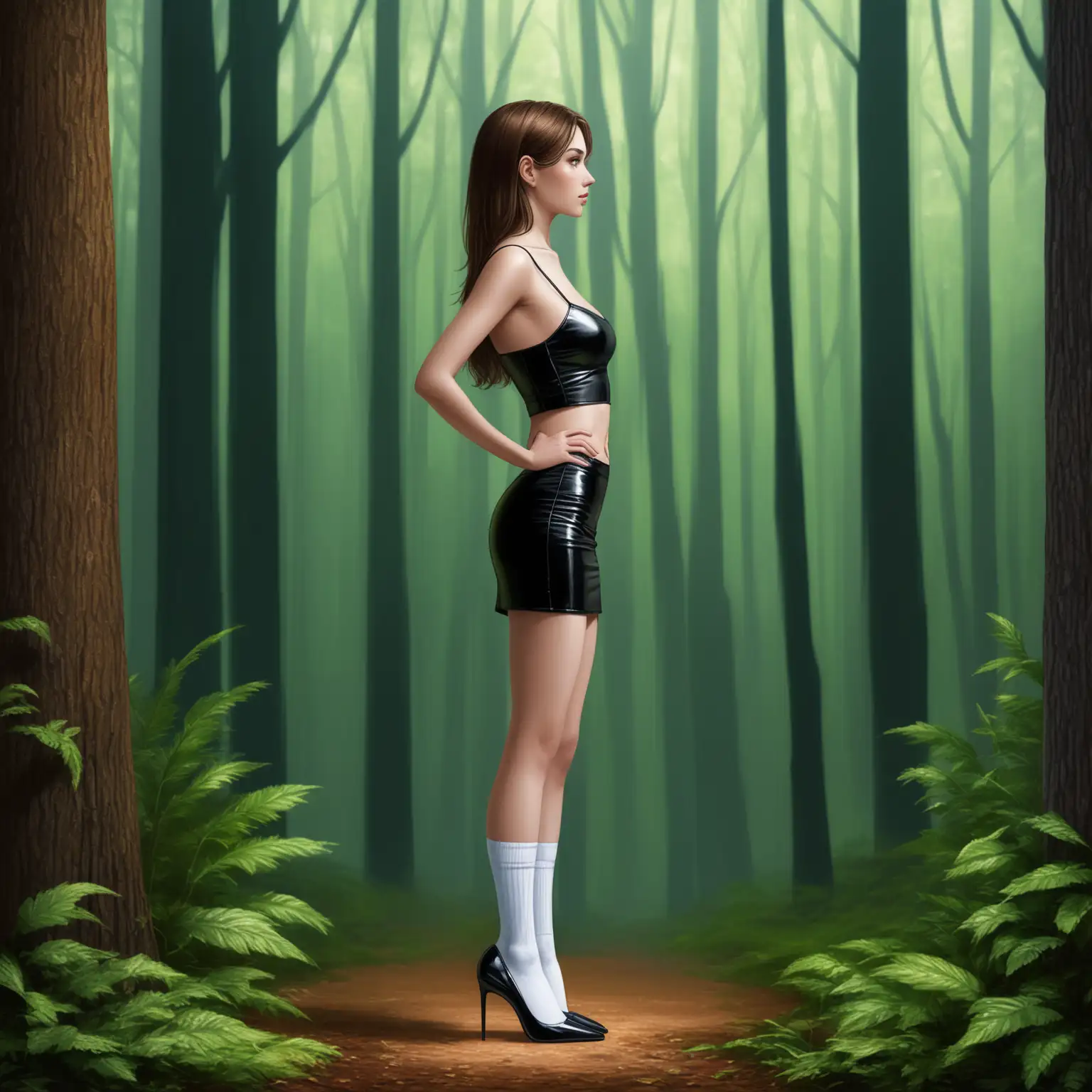 Woman-in-Black-Leather-Crop-Top-and-Mini-Skirt-in-Bright-Forest-with-Man-Gazing-at-Her-High-Heels