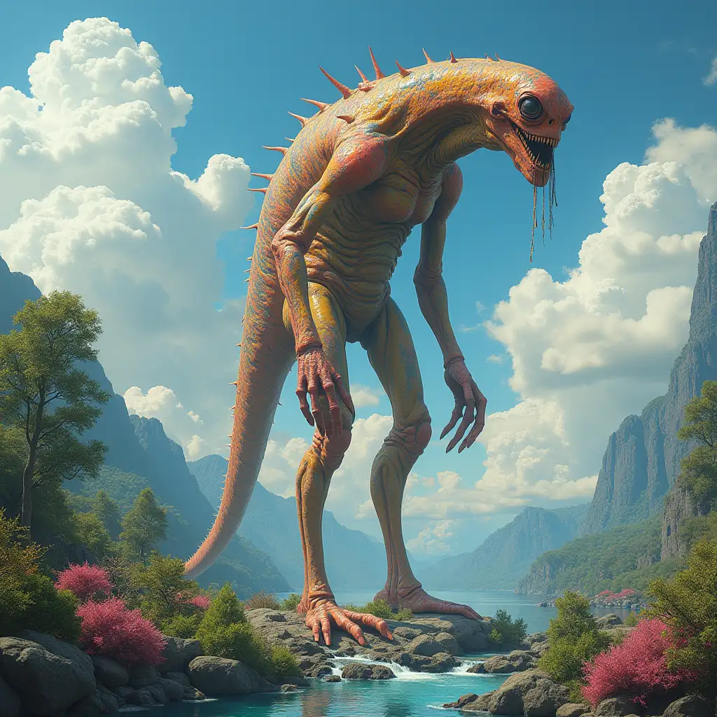 extraterrestrial creature 3 meters tall, colorful on a rock, large plants, water, clouds, trees space