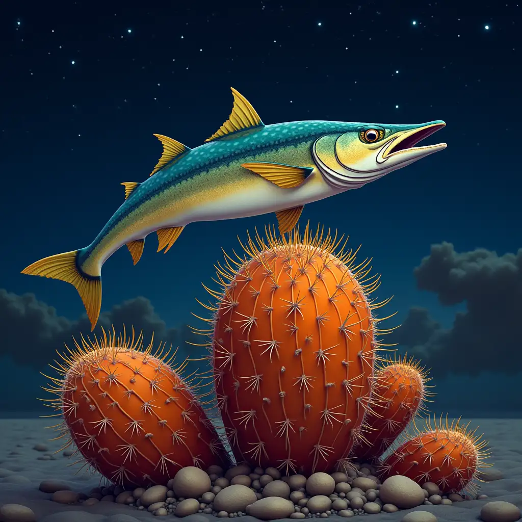 A barracuda pikes above an orange cactus with distant stars in the background