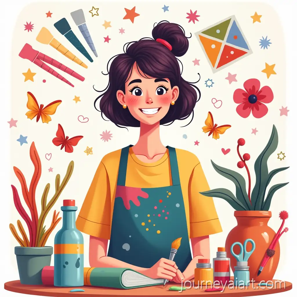 Cheerful-Arts-and-Crafts-Creator-Surrounded-byAI-Art-Prompt-Expansion-Handmade-Creations
