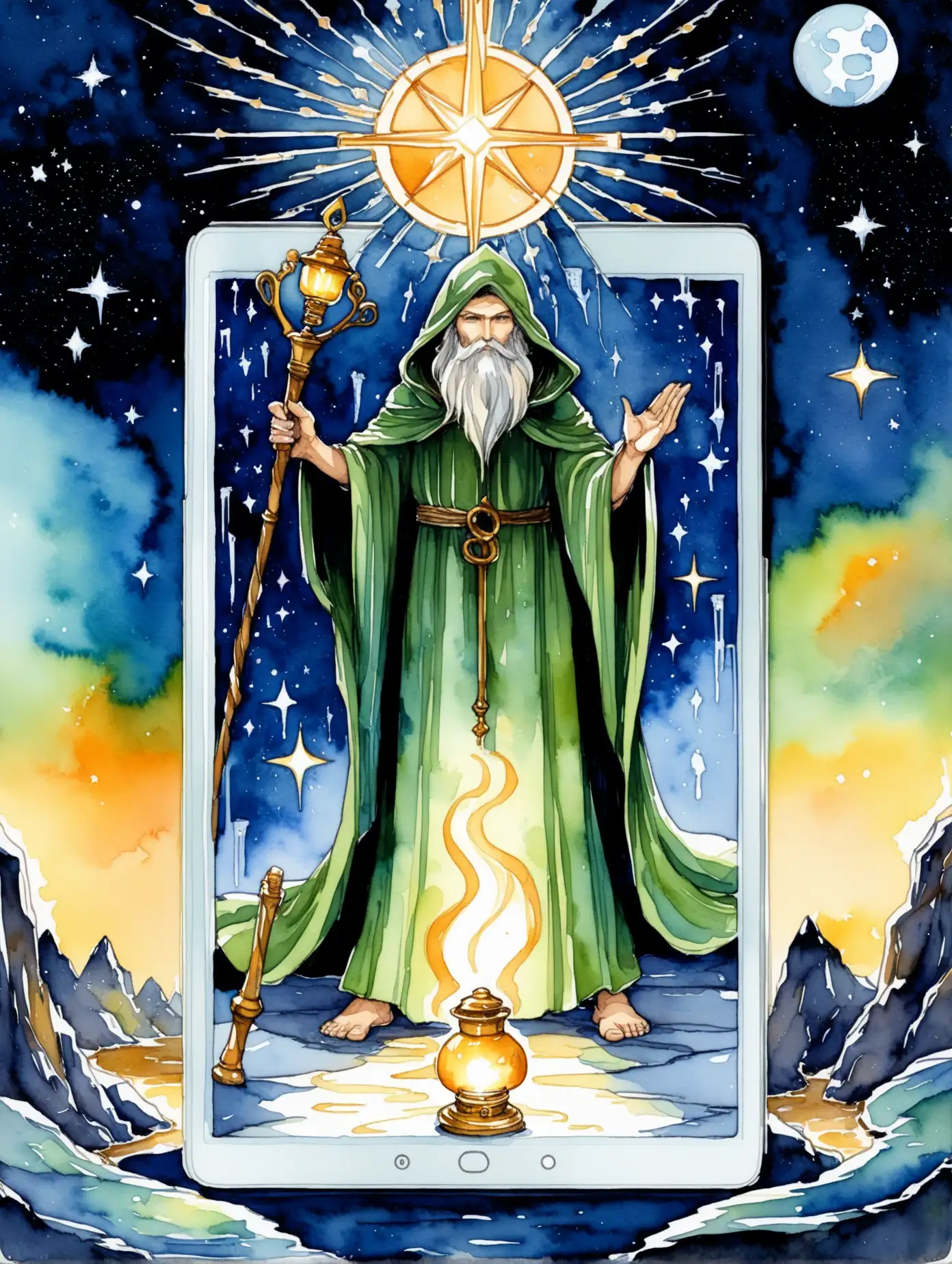 The-Hermit-Tarot-Card-in-Watercolor-with-Magic-Staff-and-Oil-Lamp