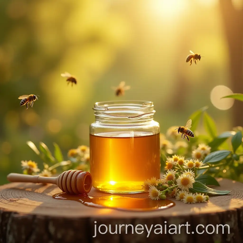 Glass-Jar-of-Natural-Honey-with-Bees-and-Wildflowers-in-Sunlit-Outdoor-Setting