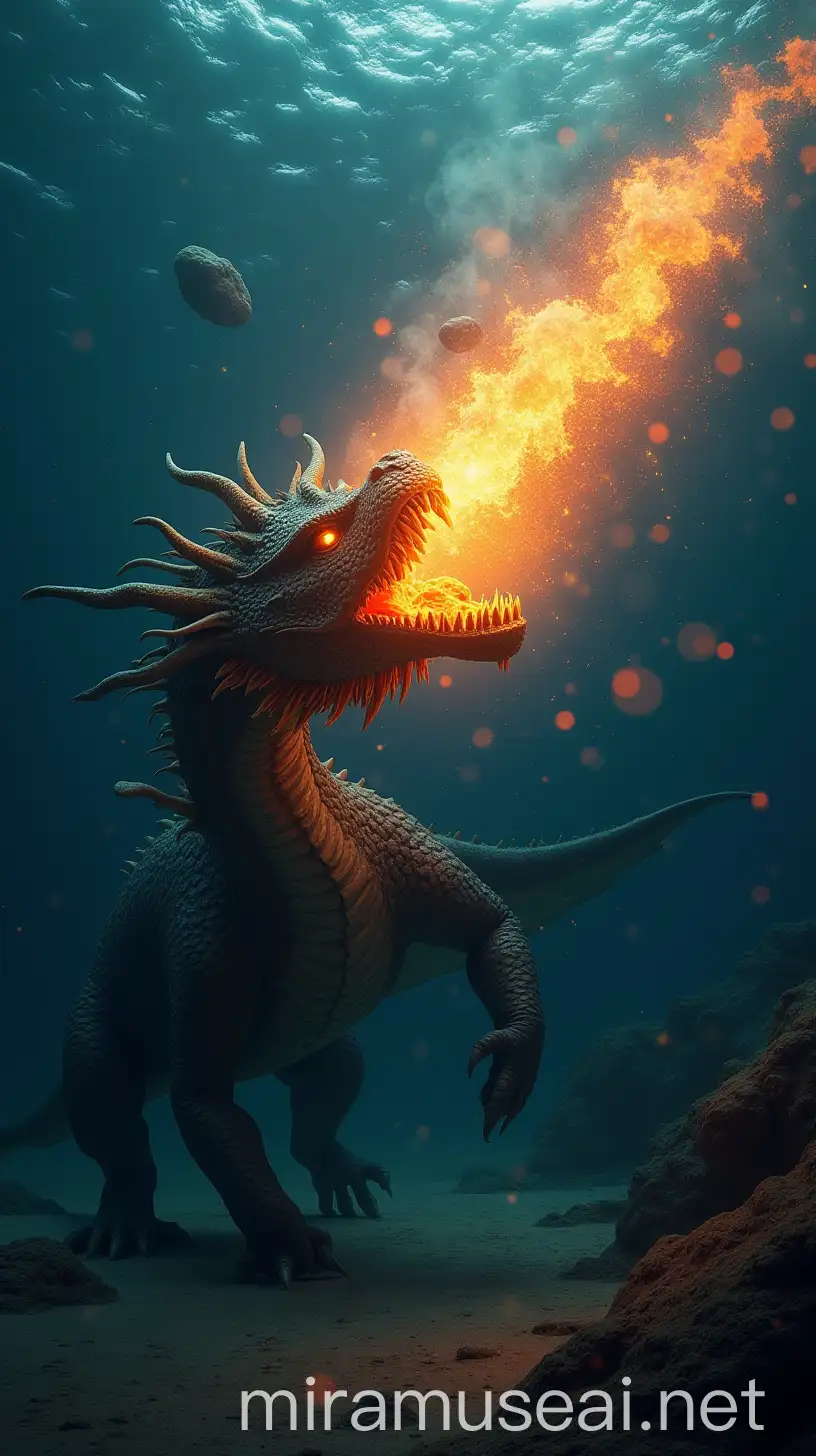 Underwater Dragon Colliding with Meteorite Magma and Steam Scene