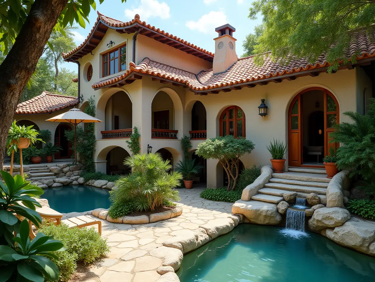 crooked house garden with beach and waterfall with tiles stucco,large windows with glass,curved, rough window shapes, winding large entrance steps of marble complex curved roof with dike,lanterns,bench mango tree 4K resolution colorful superWide-angle shots