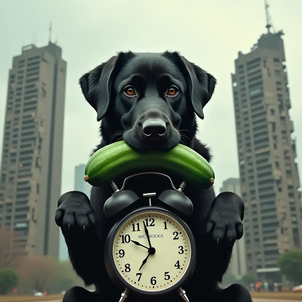 Black Labrador, with a green cucumber between paws, which is biting. Below the labrador a clock with time 20:15, above the clock lettering MYCHOLKA. Behind the labrador on both sides of the destroyed skyscrapers