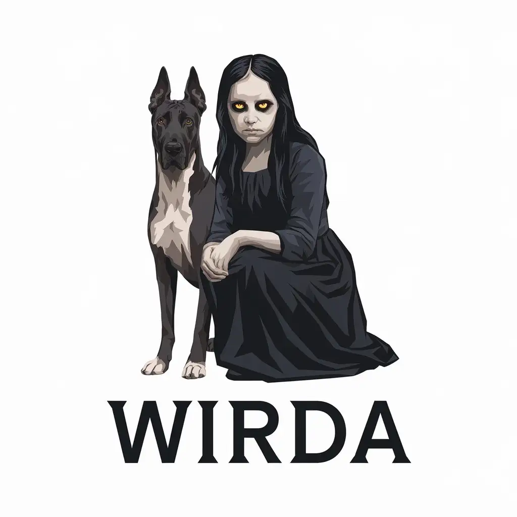 LOGO Design for WIRDA Vector Logo Featuring a Creepy Girl with Great Dane in Dark Dress