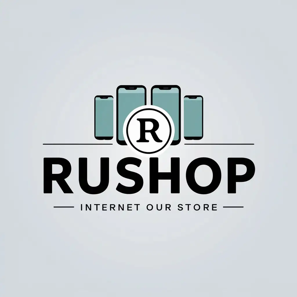 a vector logo design,with the text "RuShop", main symbol:Symbol of our store RuShop. There should be 4 smartphones in a row behind it. The background should be light.,Minimalistic,be used in Internet industry,clear background