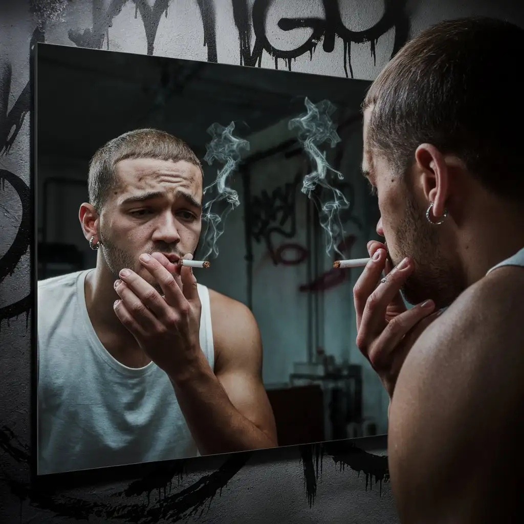 Guy-Looking-in-Mirror-Seeing-Miserable-Reflection-as-a-Drug-Addict-Dark-Trap-Album-Cover