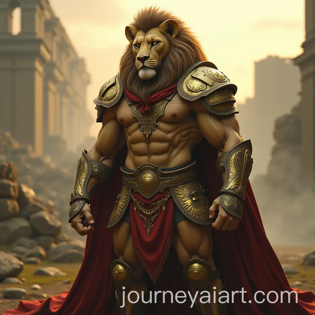 Majestic-Lion-Warrior-in-Golden-Armor-on-an-Ancient-Battlefield