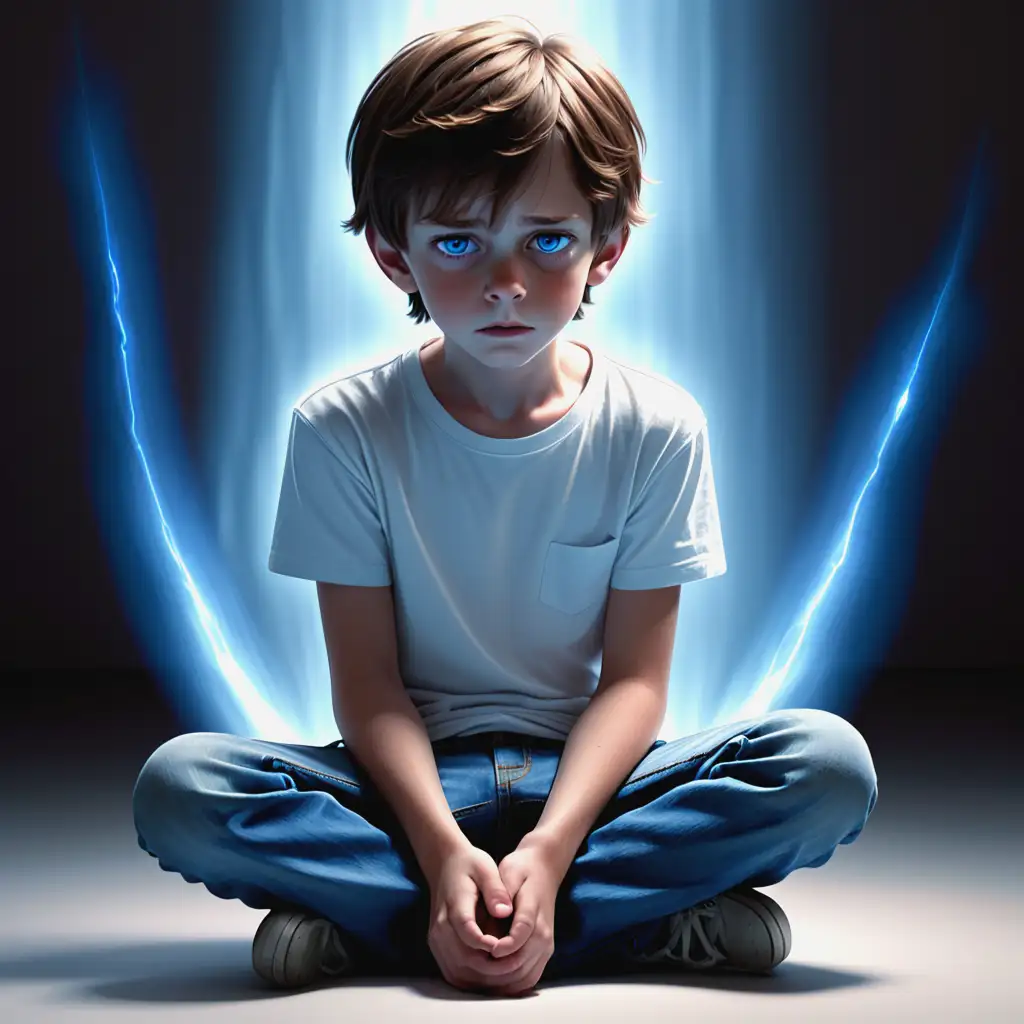 Young Boy Surrounded by a Soft Glowing Blue Aura