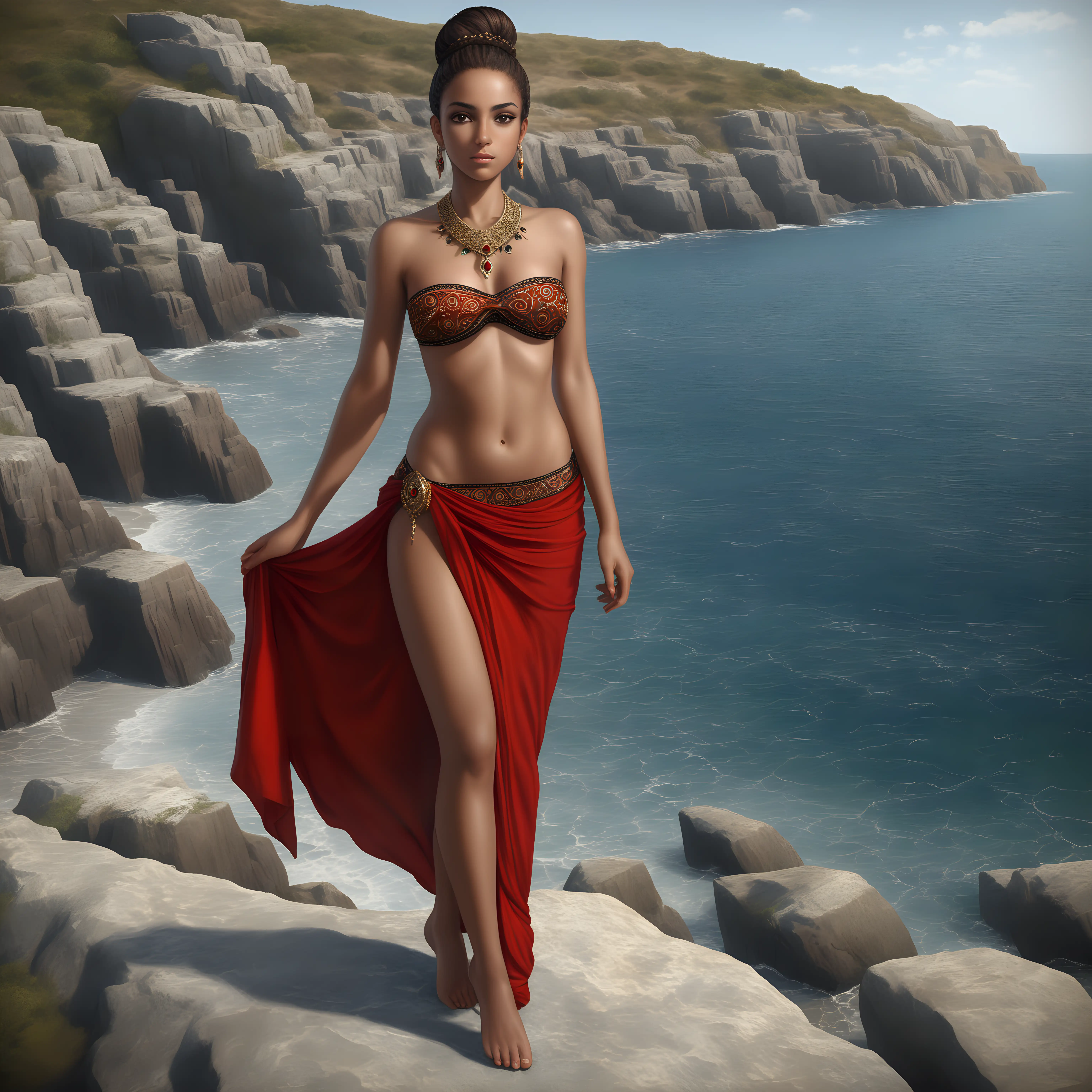 a hyperrealistic picture of a beautiful young mixed race woman of 60%Spanish and 40%Arabic origins, with dark-brunette hair bun, brown eyes, medium brown skin and black eyeliner make-up with kohl, only wearing long red sarong and strapless micro-bikini top with Spanish and Arabic ornamentation jewels and necklace, walking elegantly and looking shyly on a rock by the merditerrenean coast, hyperrealistic(full body)