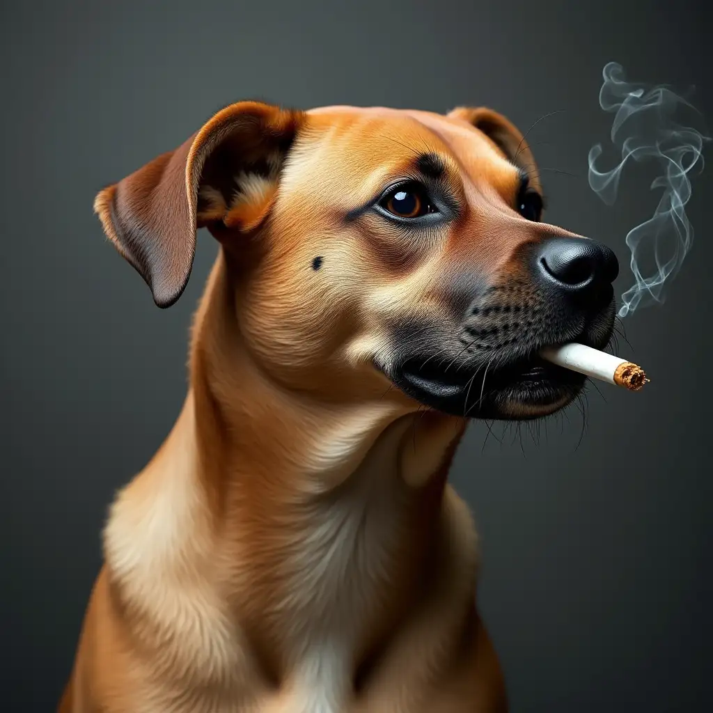 whole body dog with human head and face with a cigarette in the mouth