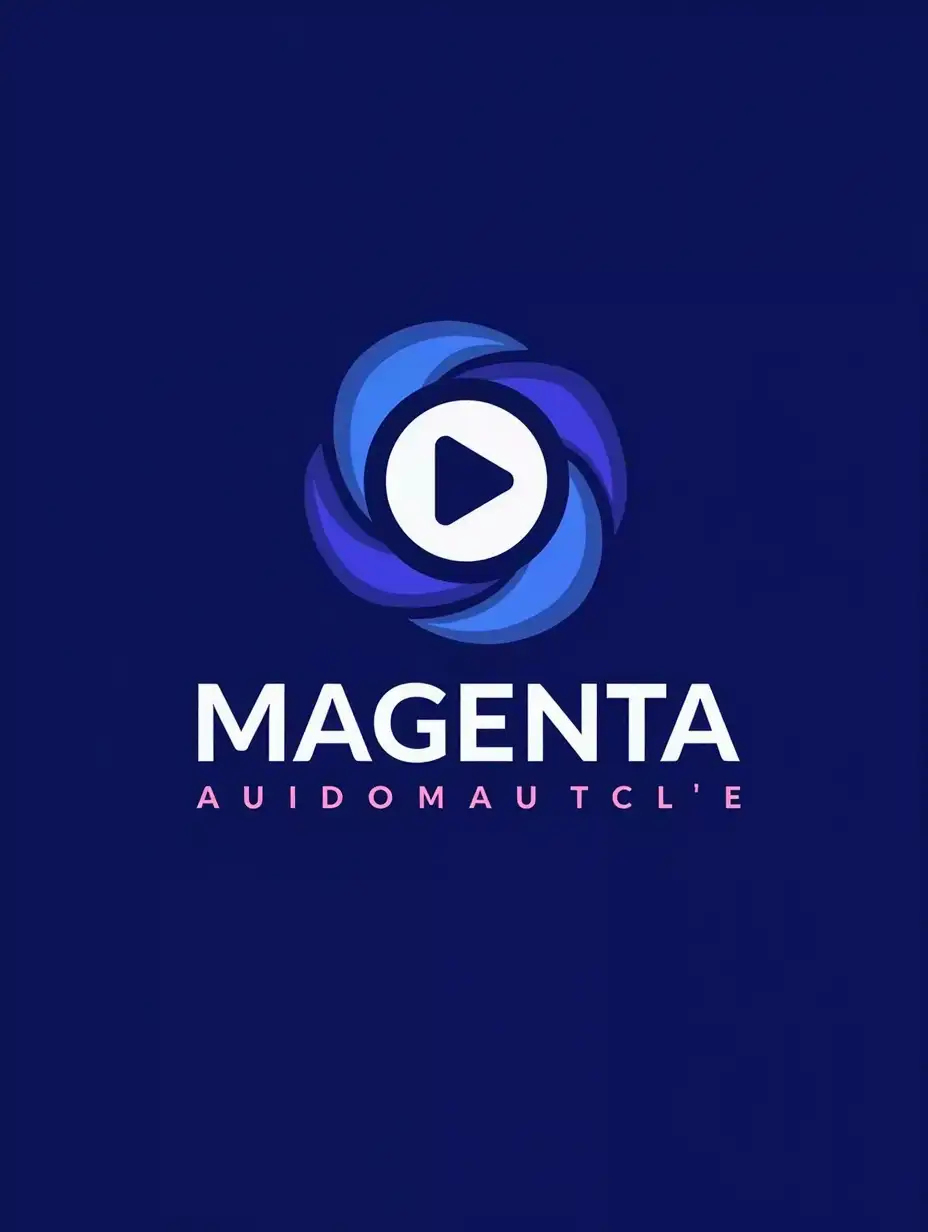 Create a logo for 'Magenta Productora Audiovisual', an audiovisual production company. The logo should include a 'play' symbol and an element representing message transmission via videos. Use modern and trendy colors in the audiovisual industry, such as blue and purple tones, popular among major audiovisual producers in 2024. Design should be appealing to an audience of 15 years and older, reflecting innovation and creativity.